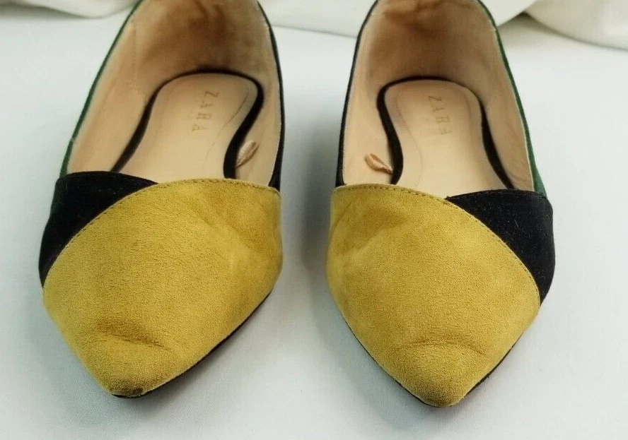 Zara Trafaluc Talla 37 (US 7-7.5) Dijon Amarillo Negro Verde Gamuza Punta Plana Foto 3 de 4