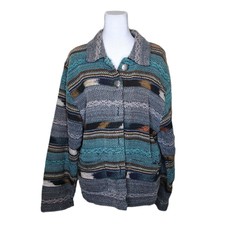 Vintage 90s Southwestern Stripe Blanket Weave Jacket Silver Button Womens L Blue