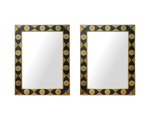 Hollywood Regency Moroccan Mirror with Filigree Brass Inlay on Ebony, a Pair