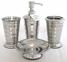 NEW 4PC SET SILVER STRIPE STAINLESS STEEL SOAP DISPENSER DISH TOOTHBRUSH TUMBLER