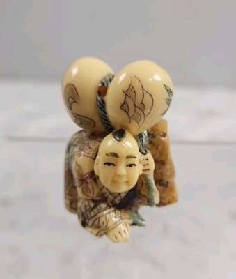 Vintage Chinese Reproduction Carving Cream Colored Resin Natsuki Statue