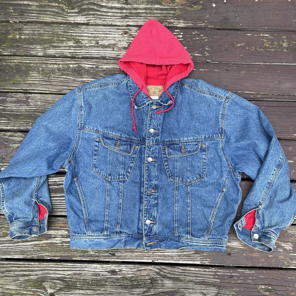 Vintage GAP Denim Jean Jacket with Red Lining and Hoodie Vintage GAP Denim Jean Jacket with Red Lining and Hoodie