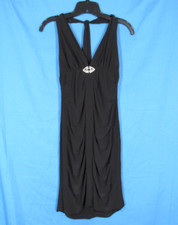 B. DARLIN Black STRETCH KNIT Rhinestone Brooch RUCHED Party LBD BODYCON DRESS S
