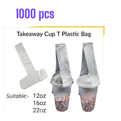 1,000Pcs Clear Plastic Cup Carrier Handle Drink T Delivery Container Hanging Bag
