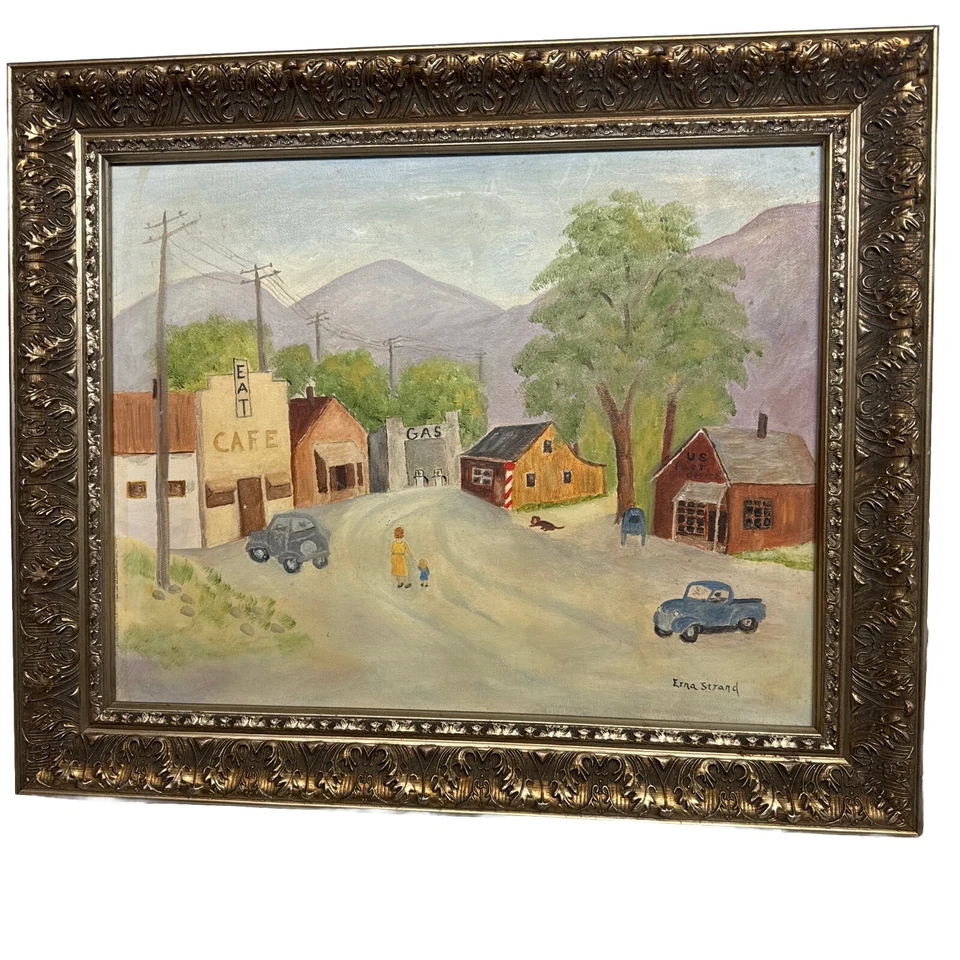 Vintage Erna Strand Original Ölgemälde 50er Jahre "Little Town in Calif" Volkskunst