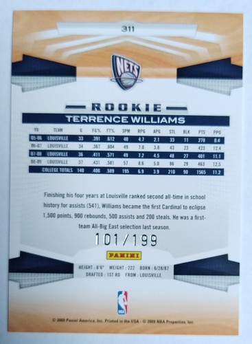 TERRENCE WILLIAMS 311 PANINI ARTIST PROOF ROOKIE RC 101/199 2009-10 - Picture 2 of 2