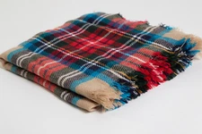 Large Blanket Scarf Plaid Blue Red White Cream 54" x 54" Acrylic