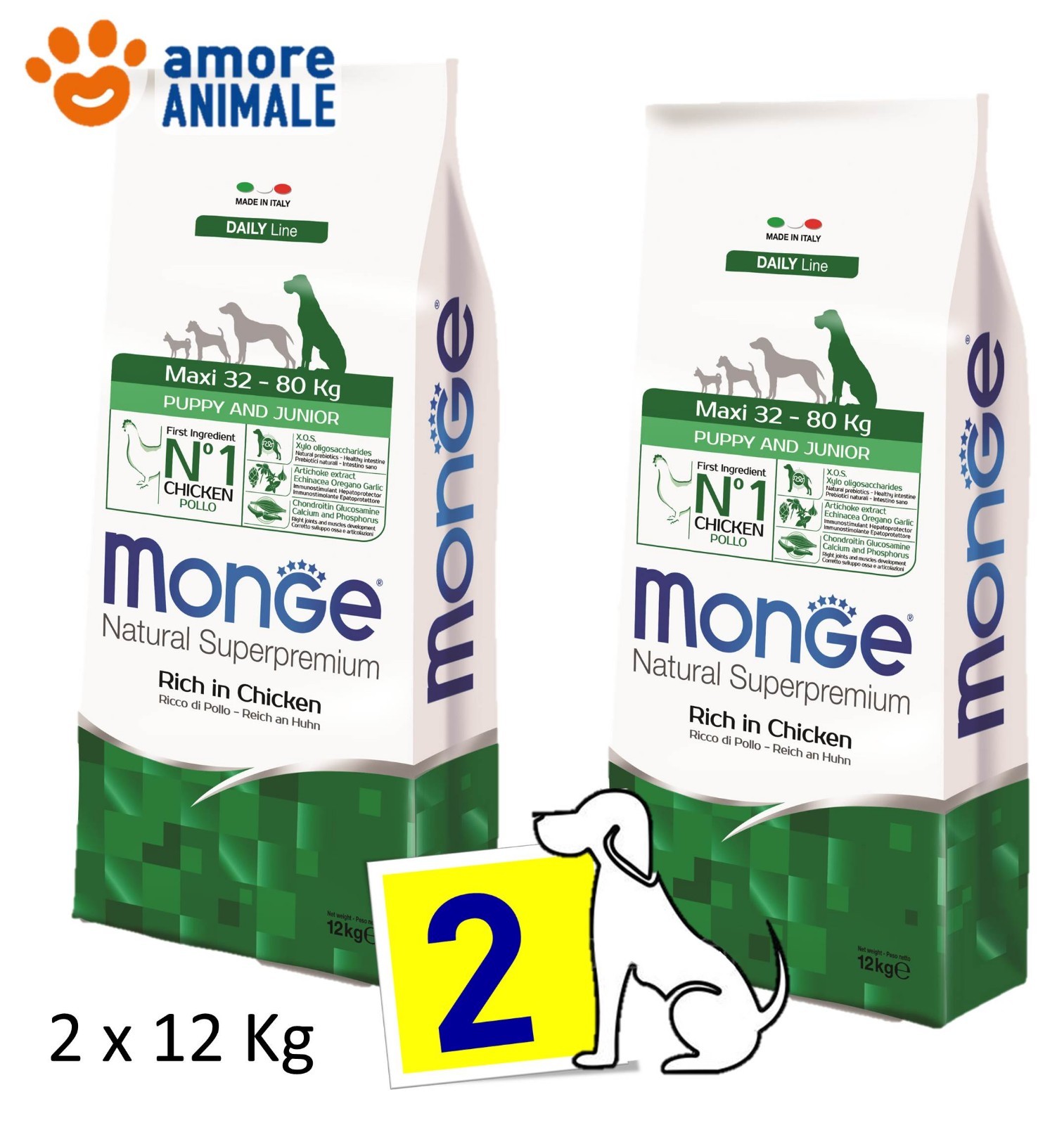 2 SACCHI - Monge Maxi Puppy & Junior 12 Kg per cane cucciolo taglia grande