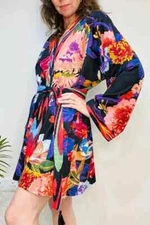 Indian Black Floral Print Cotton Robes Long Kimono Sleepwear Night Kimono Robes