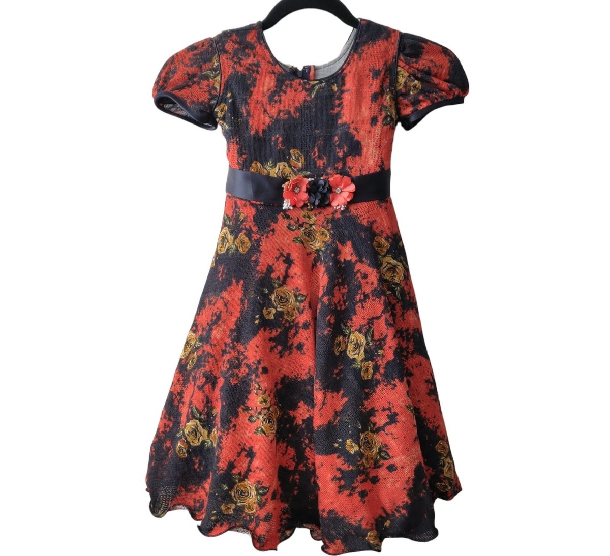 Mori Lee Girls Orange Black Floral Tulle Lined S/S Tie Back Party