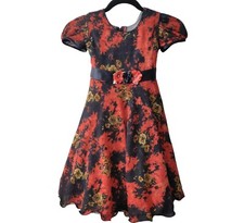 Mori Lee Girls Orange Black Floral Tulle Lined S/S Tie Back Party Dress 5/6?