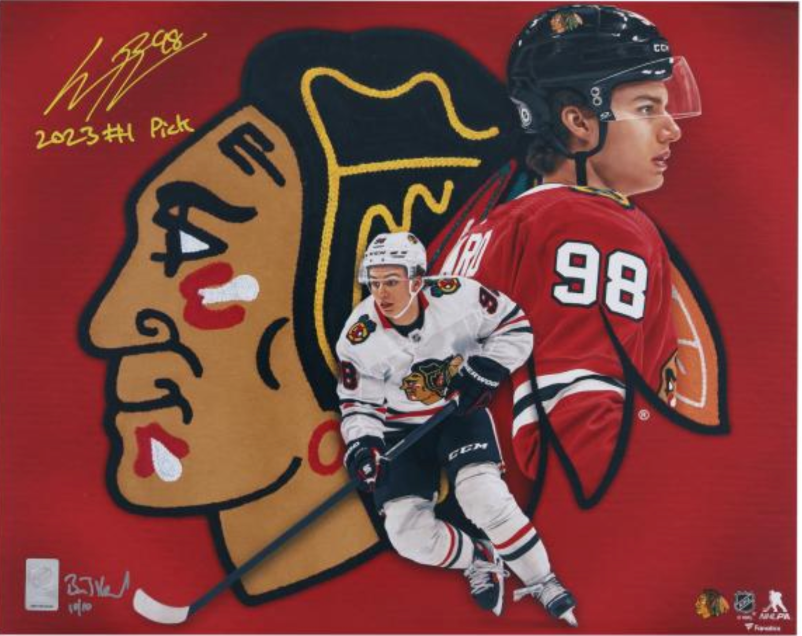 Connor Bedard Autographed Signed Chicago Blackhawks Art by Brian Konnick Limited to 10 / Inscribed 16X10 Framed 