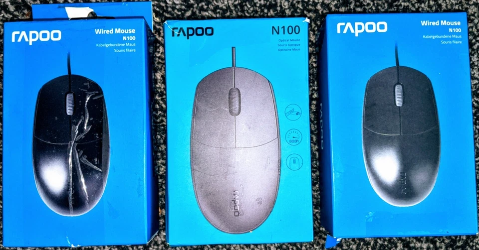 Rapoo N100 Wired Mouse - Black Computer Mouse (Joblot of 3)
