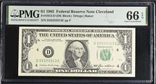 1985 $1 PMG 66 EPQ D33333313E Fancy Serial • 7 of a Kind Near Solid GEM Note
