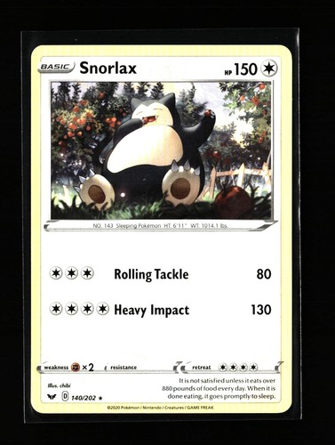 Snorlax Rare SWSH01 Sword & Shield Base Set 140/202 Colorless Pokemon Card