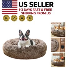 Calming Medium Dog Bed 27 Inch Anti Anxiety Donut Faux Fur Brown