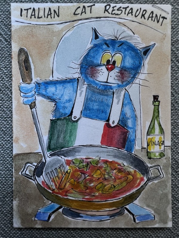 ACEO Original Cat “Italian Cat Restaurant”  Artist Antonio Ciarabalà  2025