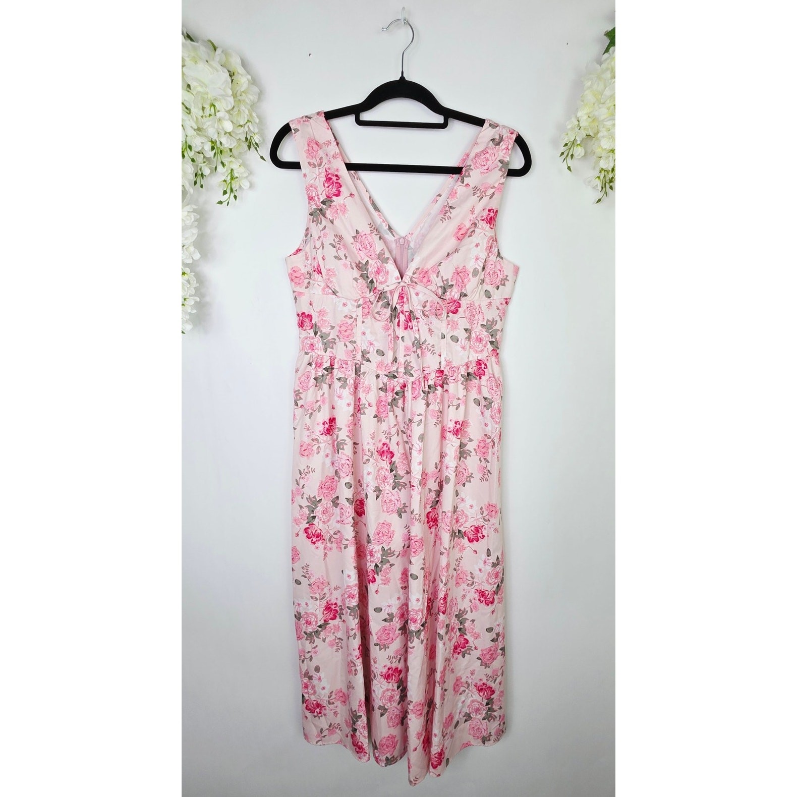 Corset Style Madi Dress Size Large Pink Floral Tie Front Cottagecore Coquette-image