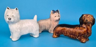 POOLE POTTERY BURT BAGGALEY 3 x DOG FIGURES DACHSHUND YORKSHIRE HIGHLAND TERRIER
