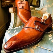 Tailored Burnished Tan Leather Double Monk Strap Dress Shoes Mens Cap Toe Oxford
