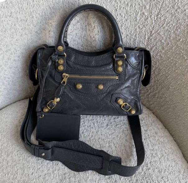 Balenciaga Mini City Bag – Black/grey Distressed Leather – Gold Hardware