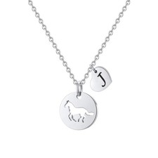 Stainless Steel Initial Necklace with Heart, Horse Necklace for Teen Girls