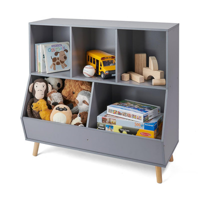 Gray 5-Bin Wooden Storage Cubby for Kids' Toys, Books, and Display