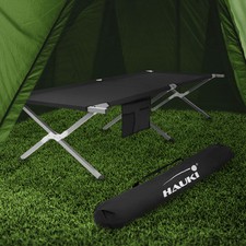 Cama de camping XL 210cm tumbona metal camilla plegable negra y bolsillo lateral