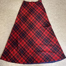 Tartan Wool Blend Maxi Skirt Red Navy Plaid Academia Retro 7/8 Vintage Repair