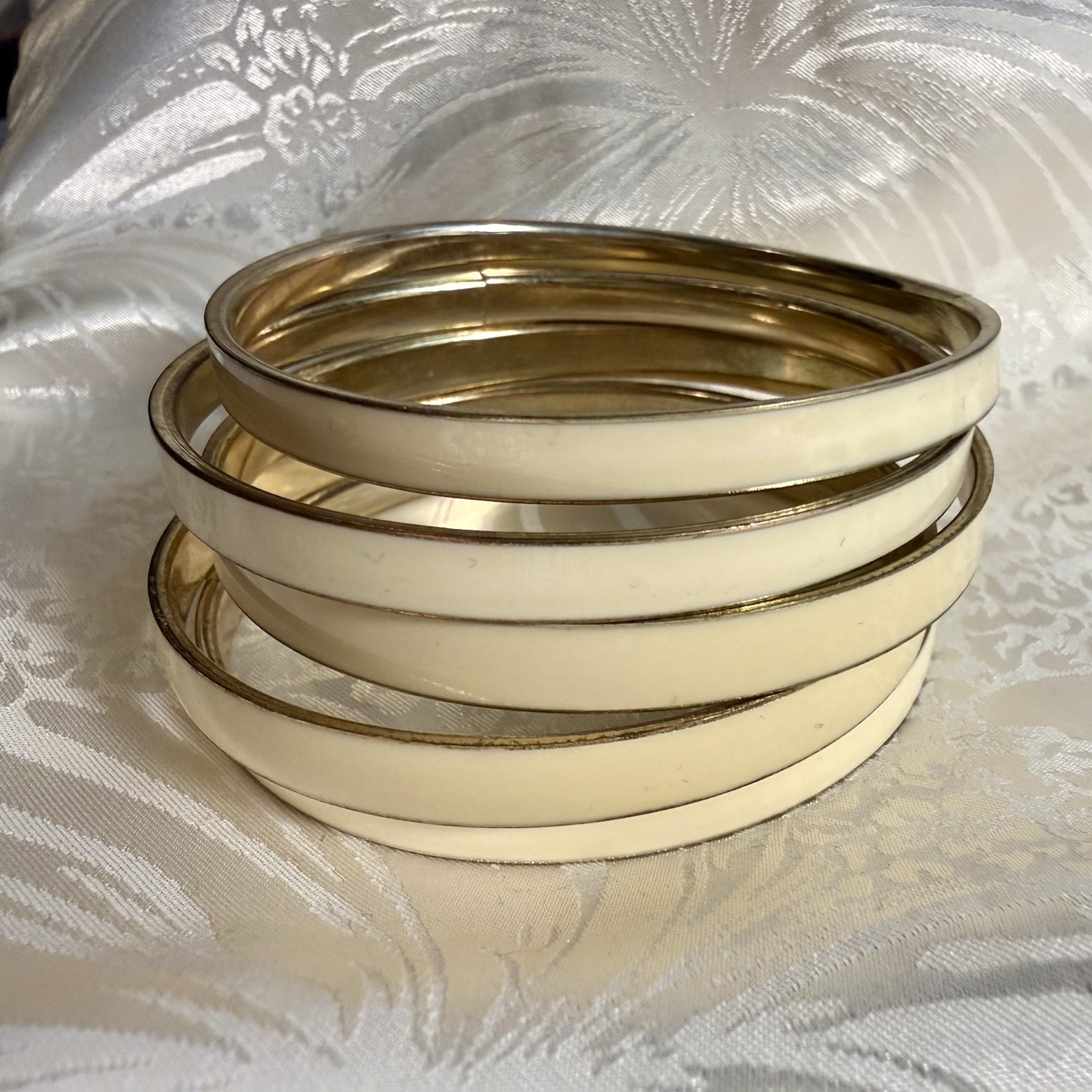 Vintage Gold Tone Cream Enamel Bangle Bracelet Set of 5 Classic Retro