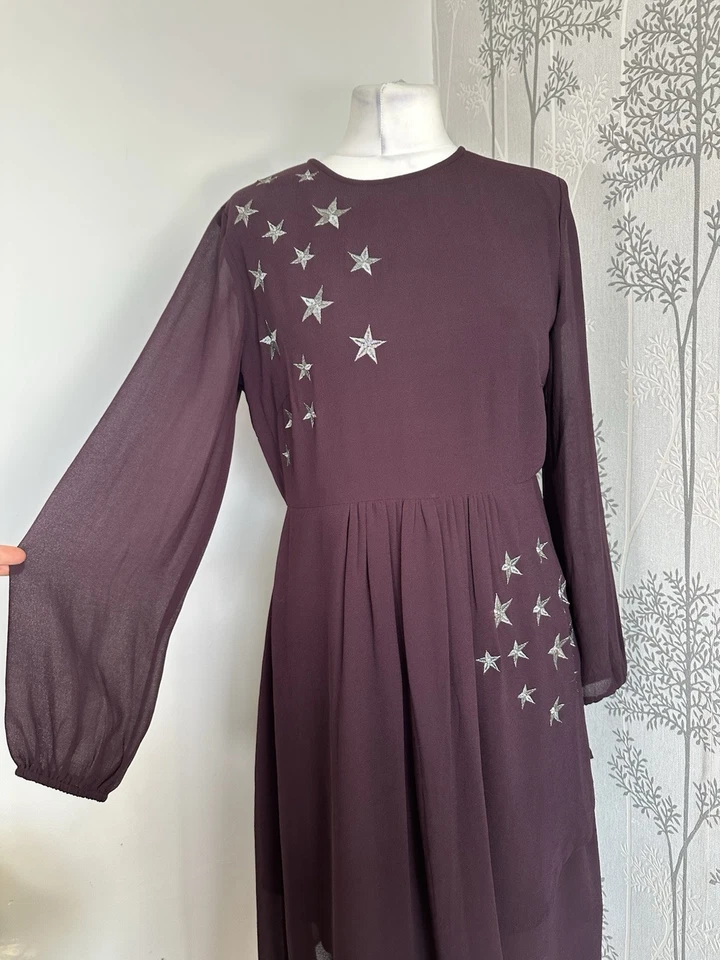 Mint Velvet Purple Silver Star Embroidered Floaty Sheer Dress Size Uk 12 - Image 3 of 4