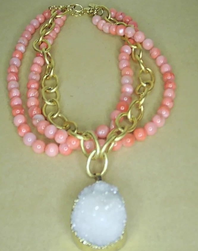 Raro Collar Susan Shaw Cuarzo, Cuentas Coral Rosa Triple Latón Chapado en Oro 24K Foto 3 de 4