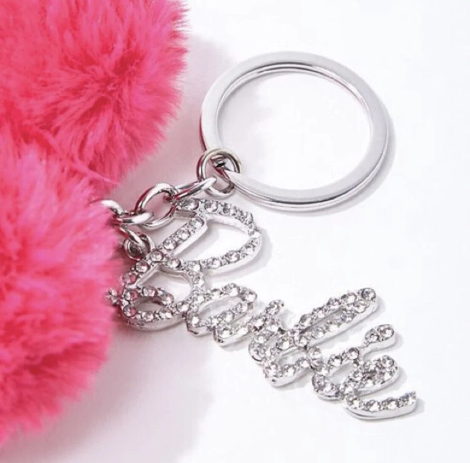 NWT Licensed Barbie™ Heart Keychain Faux Fur Hot Pink Silver Rhinestones - Image 2 of 4