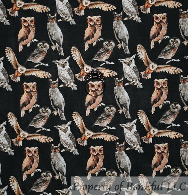 BonEful Fabric FQ Cotton Quilt Black Gold Snow Owl Winter Wings Flying Bird Sale