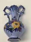 Portuguese Blue Vase With Florals Two Handles Hand Painted Signed — photo 2