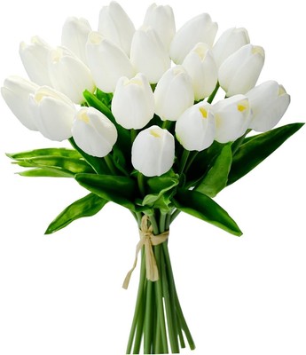 20Pcs White Artificial Tulip Silk Fake Flowers 13.5'' for Spring Mother'S Day Eas
