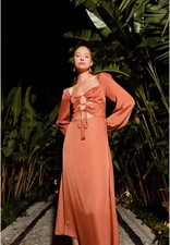 NWT Farm Rio Caramel Cutout Front-Tie Satin Midi Dress SIZE XS