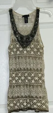 ATTENTION Womens M Sheer Brown / Beige Beaded Sleeveless Tang Top Crocheted