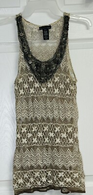 ATTENTION Womens M Sheer Brown / Beige Beaded Sleeveless Tang Top Crocheted