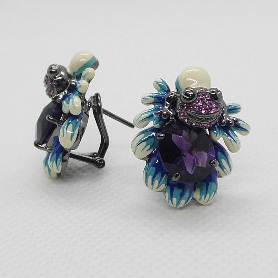 Zirkonia Emaille Ohrringe FROSCH II 925 Silber Black Rhodium - Bild 2 von 4