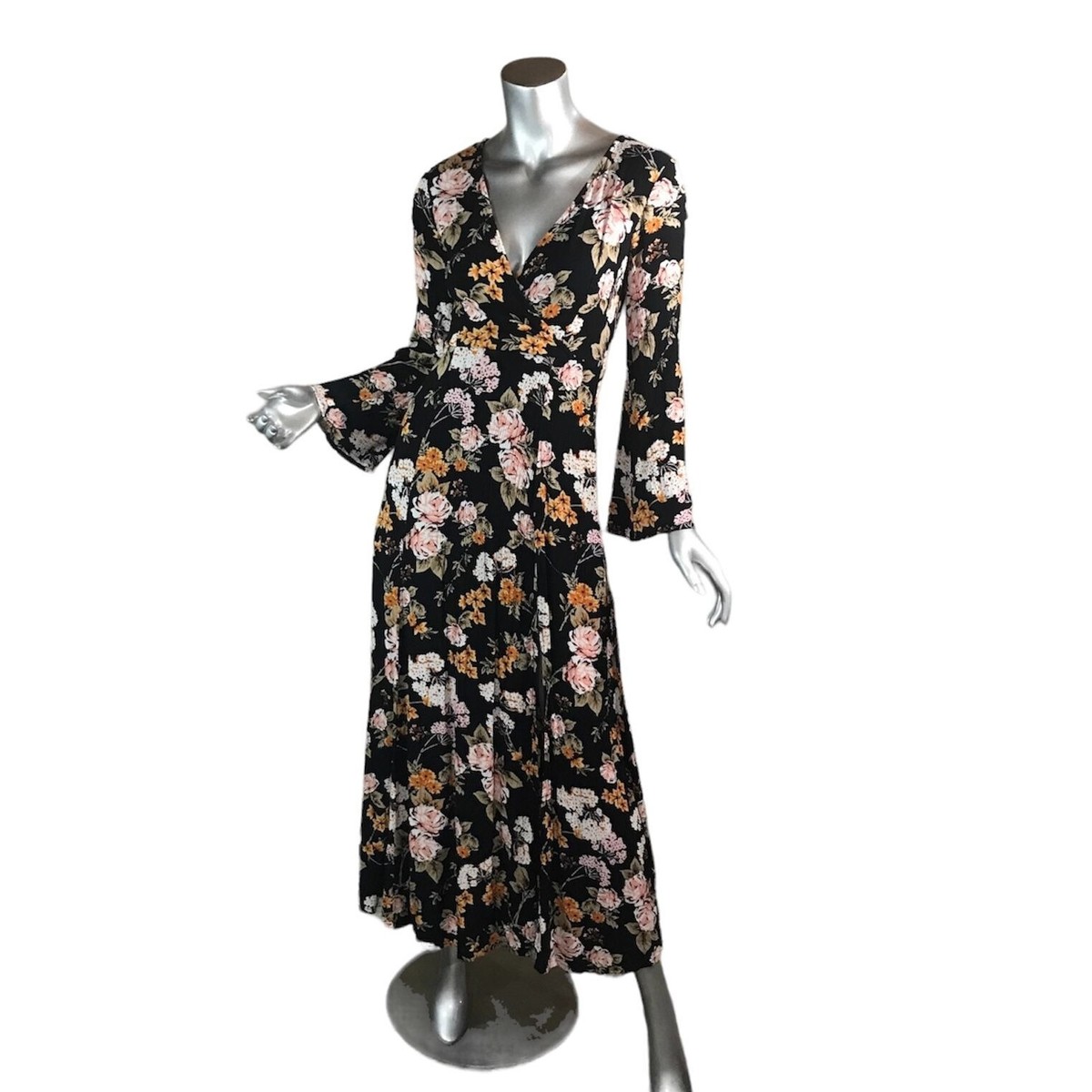 abound maxi dress Abound Women's XXS Flared Sleeve Maxi Dress Floral Black V Neck Faux Wrap