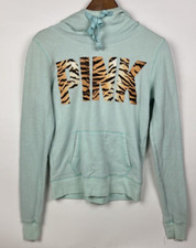 PINK Victoria s Secret Tiger Print Logo Teal Blue Mint Pullover Hoodie Size XS
