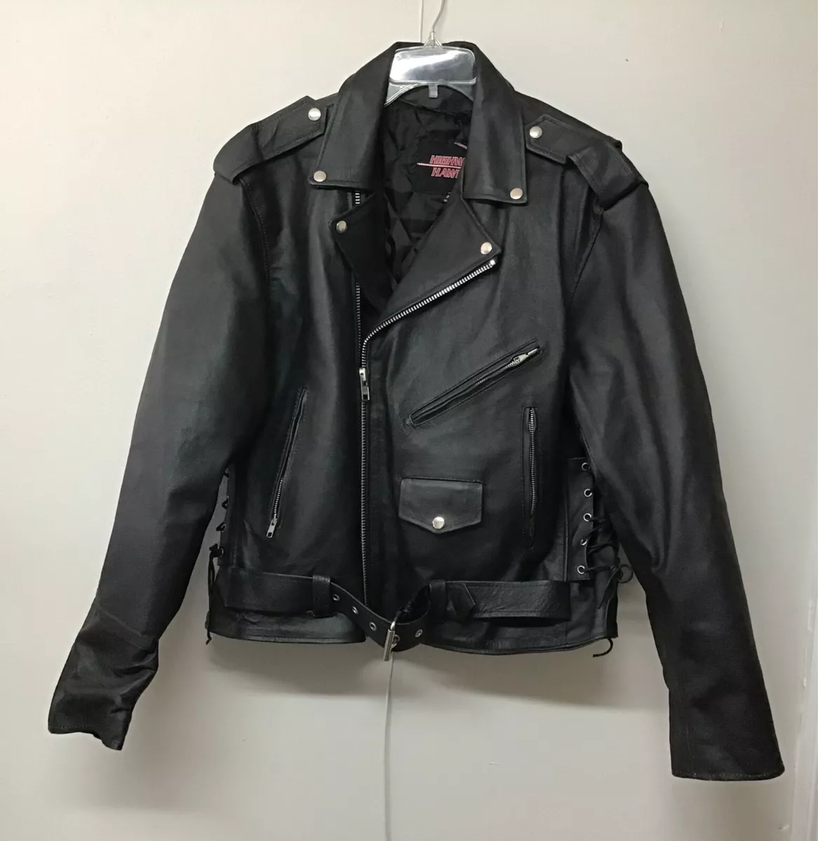 Highway Hawks Black Leather Zip Up Motorcycle Jacket Size 48 PRE OWNED