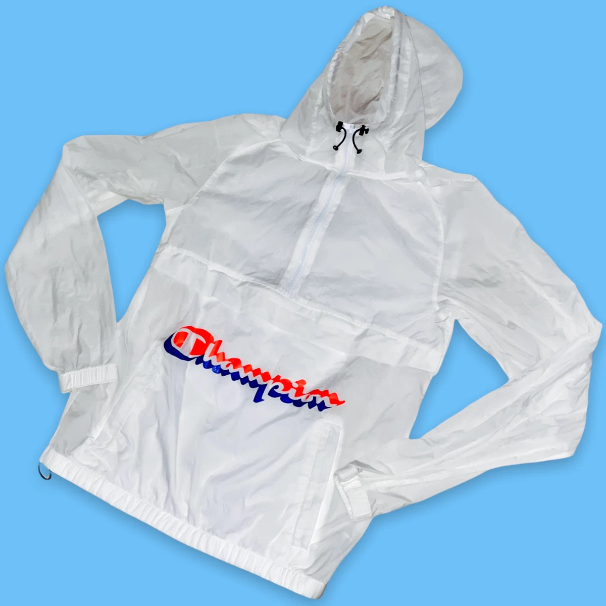 Rare Champion Nylon Anorak Windbreaker Jacket Shiny White Retro Small