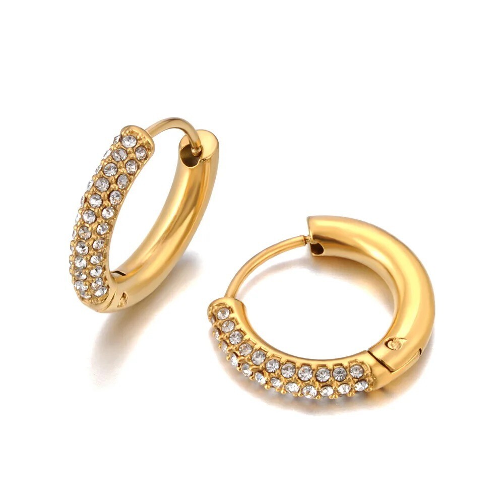 Stainless Steel Rhinestone Hoop Earrings 18K Gold Plated Women's Jewelry Gift