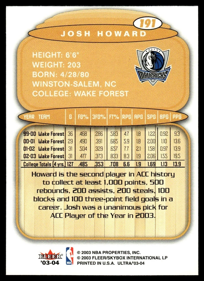 2003-04 Ultra Josh Howard Rookie Dallas Mavericks #191 - Image 2 of 2