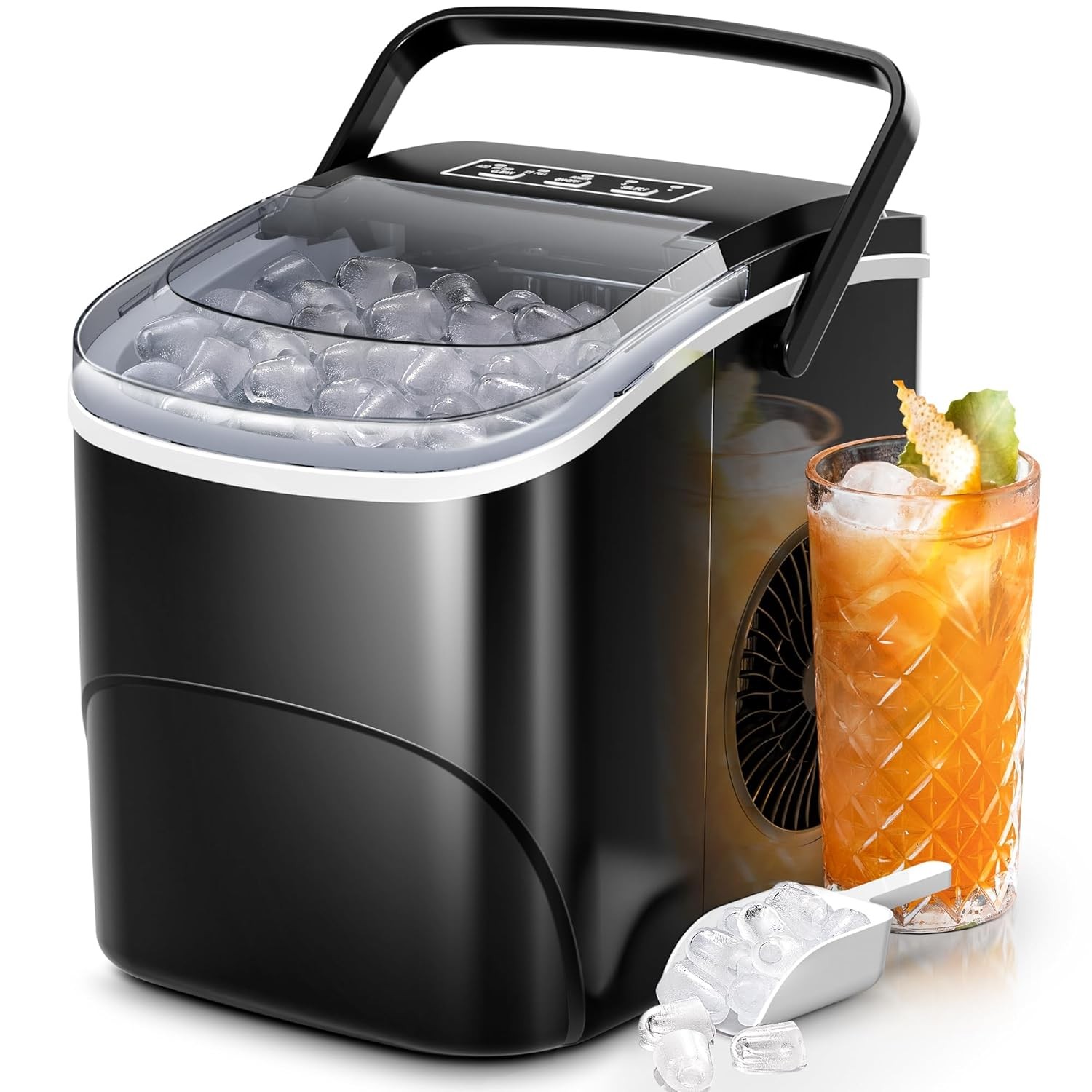 Compact Countertop Ice Maker 26lbs Daily 9 Cubes in 6 Mins Self-Cleaning 2 Ice Sizes Bullet Shaped Design