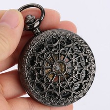 Men's Hollow Pocket Watch Hand-Winding Mechanical Steampunk Skeleton Black Chain