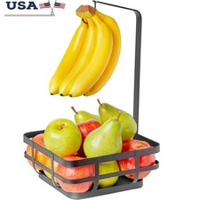 Space Saving Fruit Basket W/ Banana Hook Steel Wire Kitchen Countertop Organizer
