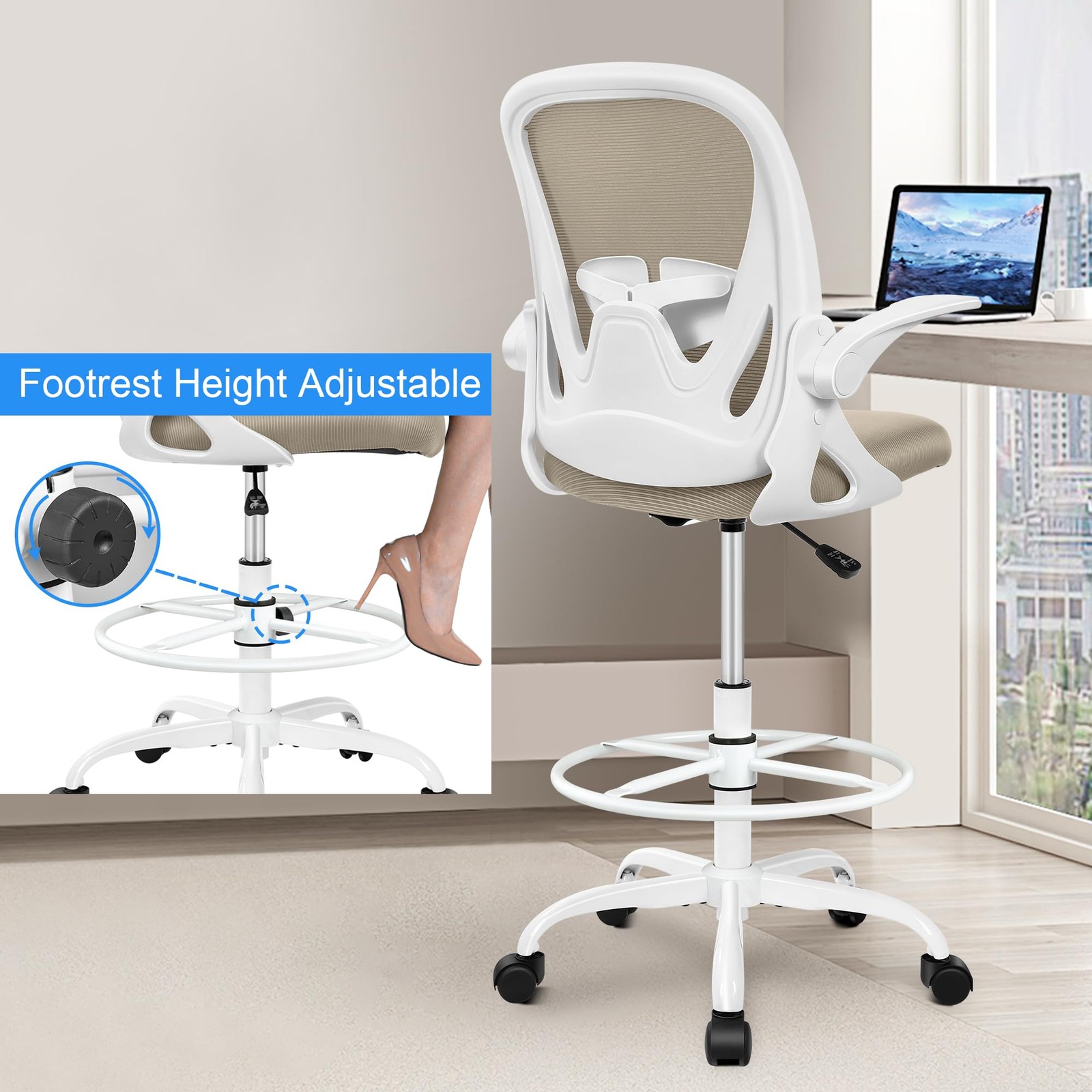 Drafting Chair Tall Office Chair with Flip-up Armrests Executive Ergonomic Co...
